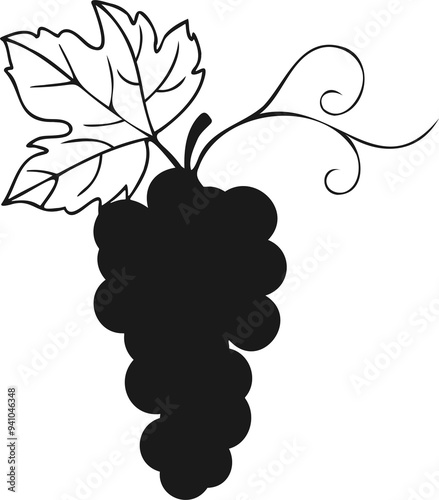 Silhouette of bunch grapes vine, PNG. Element design, logo, icon.