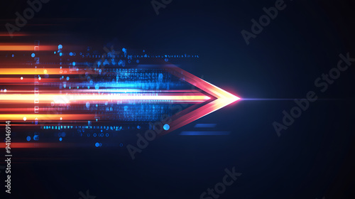 Colorful arrow made of glowing light beams, pointing right at the center of black background, dynamic shape, speed data transfer