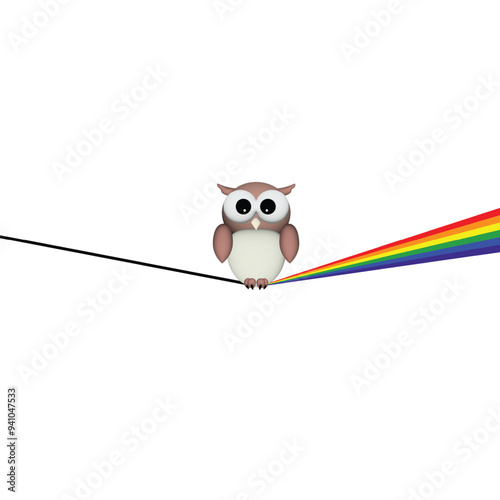 Owl standing on rainbow line. Bird is symbol of freedom and Pride pattern is symbol of the fight for equality.