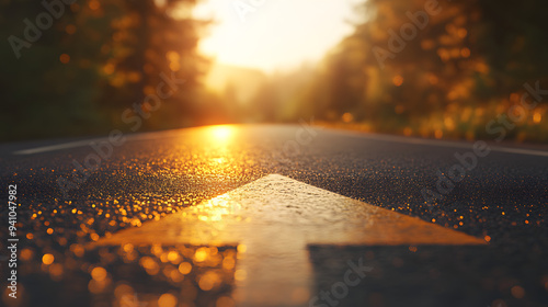 Straight road with arrow painted on street leading to horizon, goal setting and success achievement concept