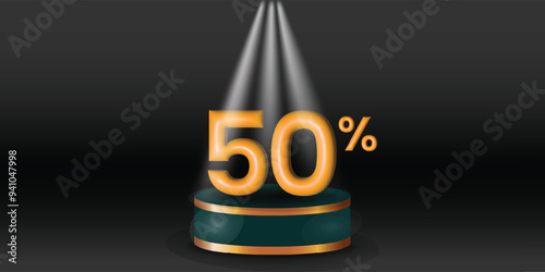 Product price discount on podium display color with white spotlights on a black background. Modern studio, wall scene fashion, stage podium scene with for Award Ceremony. 3D rendering.