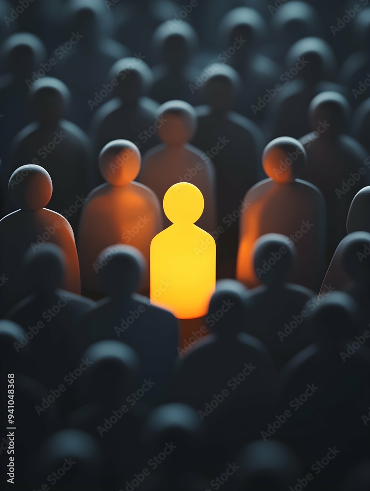 Obraz premium A glowing figure stands out among many grey figures, symbolizing the concept of being different and special in an environment full of people
