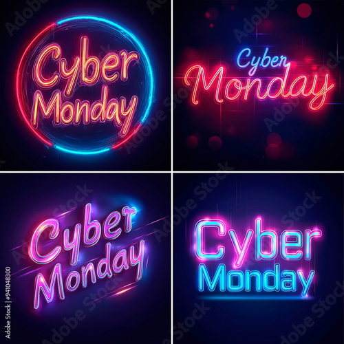 Bright neon Cyber Monday signs with vibrant colors, website advertising, sale advertise, blog banner