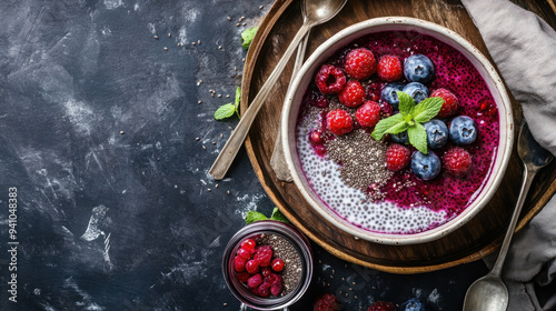 Healthy chia seed pudding bowl topped with fresh raspberries, blueberries, and mint on a dark rustic background, emphasizing nutritious eating. Copy space photo