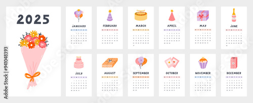 Cute calendar template for 2025 year with creative holiday illustration. Calendar grid with weeks starts on Monday for kids nursery or corporate design. Horizontal monthly calender layout for planning