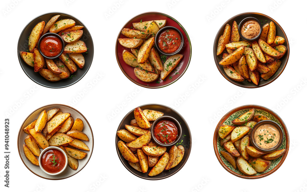 potato wedges with dipping sauce on a plate isolated on a transparent or white background, top view, cut-out, PNG potato wedges with dipping sauce on a plate isolated on a transparent or white background, top view, cut-out, PNG