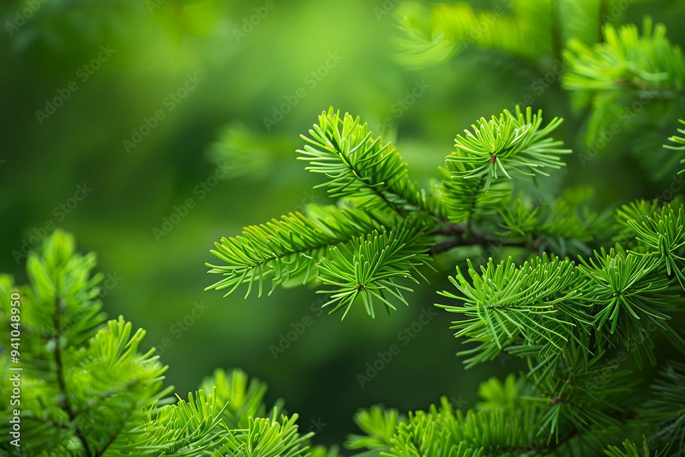 Soft sunlight dapples lush green pine branches in forest Soft sunlight dapples lush green pine branches in forest