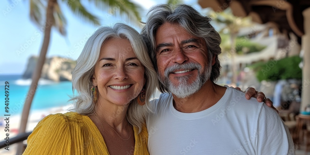 Fototapeta premium Joyful Senior Couple Beach Selfie, Elegant and Radiant Pair at Palm-Fringed Resort.