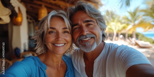 Fototapeta Naklejka Na Ścianę i Meble -  Joyful Senior Couple Beach Selfie, Elegant and Radiant Pair at Palm-Fringed Resort.