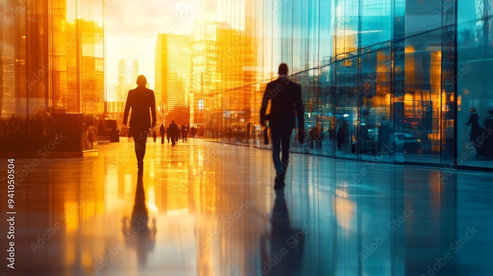 Two businessmen walk towards the setting sun in a modern city, reflecting on their success and opportunities. Two businessmen walk towards the setting sun in a modern city, reflecting on their success and opportunities.
