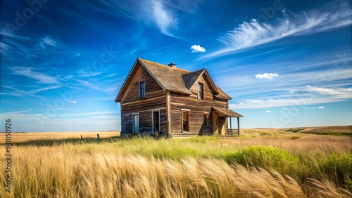 Old prairie house with rustic charm surrounded by tall grass and blue sky