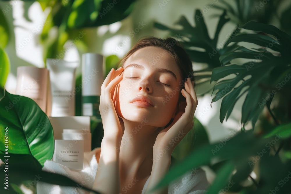 Woman Enjoying Skincare Amidst Lush Greenery Woman Enjoying Skincare Amidst Lush Greenery