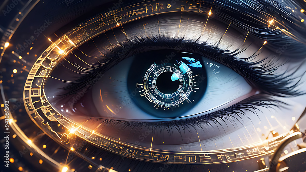 Fototapeta premium eye, iris, illustration, blue, design, technology, pupil, human, vision, beauty, concept, look, light, tunnel, internet, eyelashes, space, color, eyeball, pattern, closeup, woman, digital, face, macro