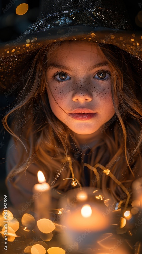 Little Girl in a Glittering Witch Hat Illuminated by Candlelight Little Girl in a Glittering Witch Hat Illuminated by Candlelight