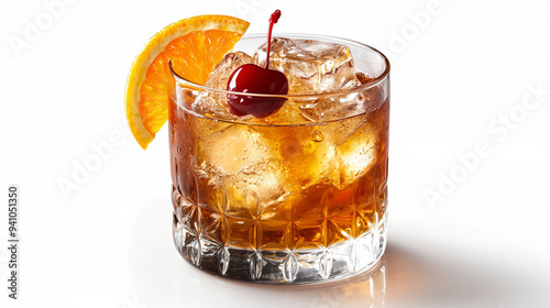 An old-fashioned cocktail with an orange slice and a cherry garnish, the glass showing subtle condensation, isolated on a white background