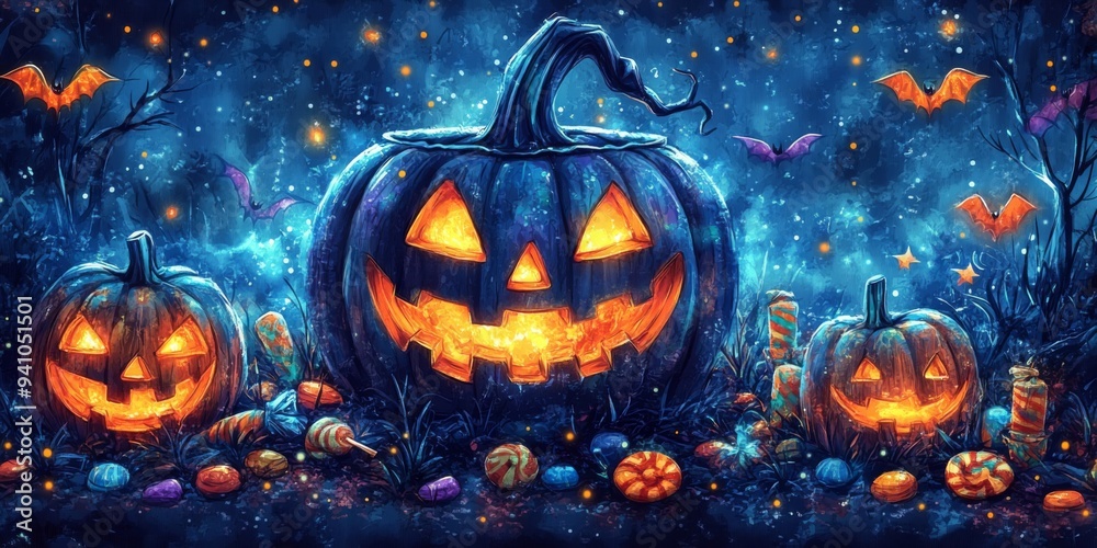 Naklejka premium Spooky Halloween Night With Glowing Jack-O-Lanterns and horrific Atmosphere.