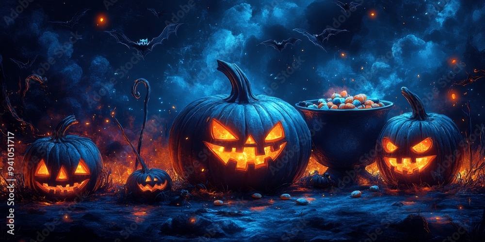 Spooky Halloween Night With Glowing Jack-O-Lanterns and horrific Atmosphere. Spooky Halloween Night With Glowing Jack-O-Lanterns and horrific Atmosphere.