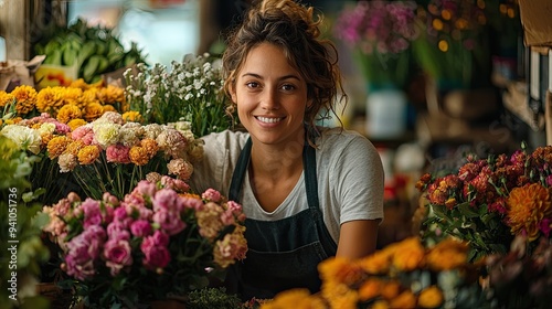 A florist arranging a beautiful bouquet of flowers in their shop, their passion for their craft evident in their smile.