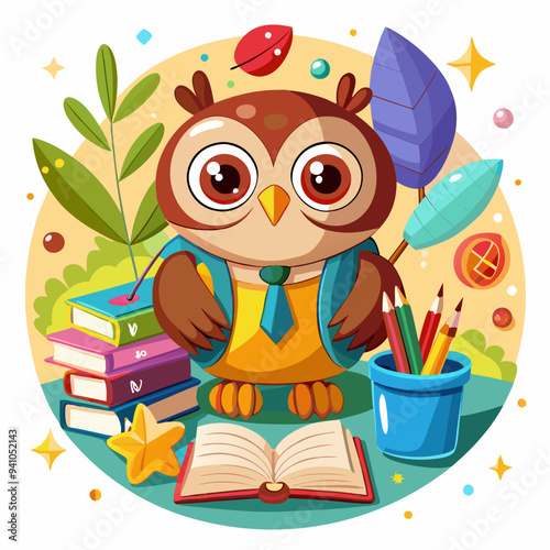 A cute owl wearing a tie is surrounded by books, pencils, and leaves