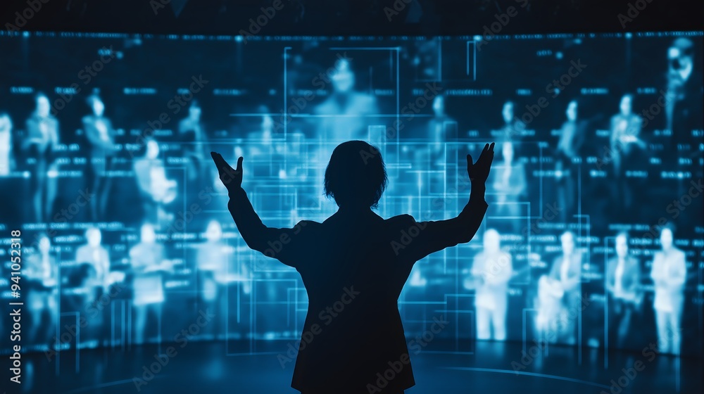Silhouette Presenting to Interactive Digital Screen Silhouette Presenting to Interactive Digital Screen