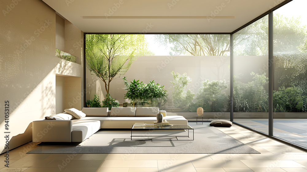 A minimalist living room design featuring clean lines and a neutral color palette, with a low-profile sofa, a glass coffee table, and a large floor-to-ceiling window that floods the space with natural A minimalist living room design featuring clean lines and a neutral color palette, with a low-profile sofa, a glass coffee table, and a large floor-to-ceiling window that floods the space with natural