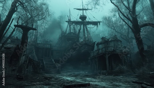 Haunting Shipwreck in the Eerie Mist of a Forsaken Lagoon