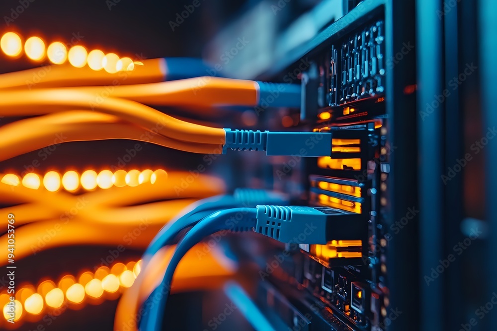Connecting Network Cables to a Server with Orange and Blue Lights Connecting Network Cables to a Server with Orange and Blue Lights