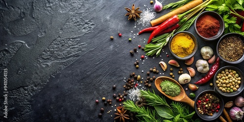 Chic culinary background with assortment of herbs and spices on glossy black stone top view © Jane Studio
