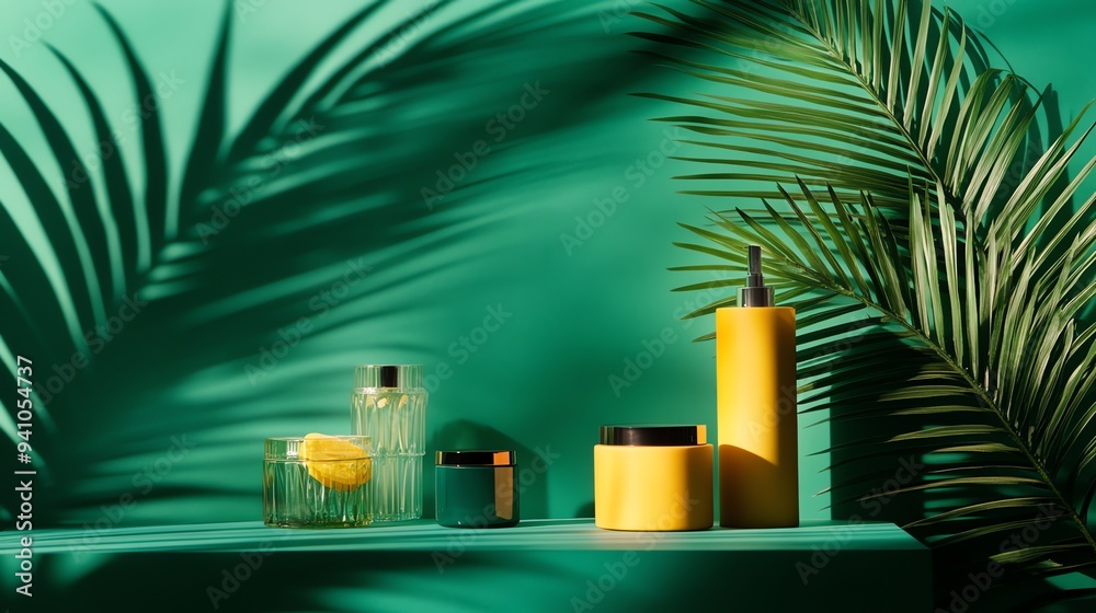 Obraz premium A minimalist product display with a tropical feel, featuring a variety of containers and a palm leaf.