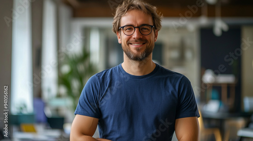 Giovane professionista sorridente in un ufficio moderno, indossa una T-shirt perfetta per un mock-up, trasmettendo sicurezza e serenità.  photo