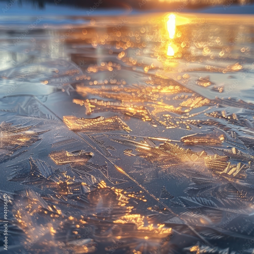 Close-up of ice crystals on a frozen lake with sunlight reflecting during a winter sunset in a tranquil setting. Close-up of ice crystals on a frozen lake with sunlight reflecting during a winter sunset in a tranquil setting.