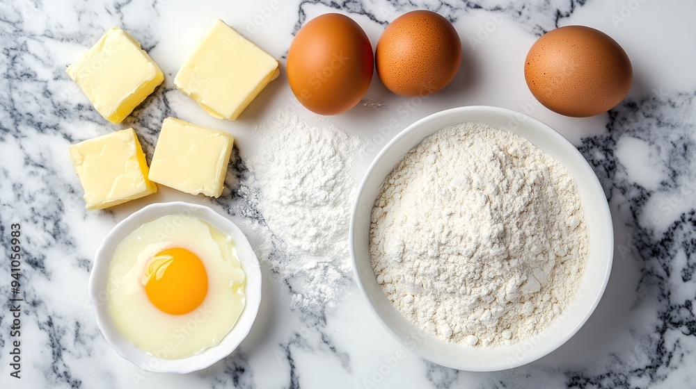 Baking ingredients including eggs, butter, and flour on a marble countertop. Baking ingredients including eggs, butter, and flour on a marble countertop.