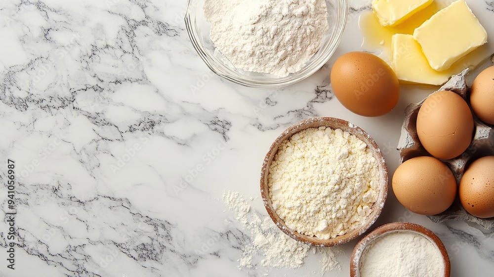 Baking ingredients including eggs, butter, and flour on a marble countertop. Baking ingredients including eggs, butter, and flour on a marble countertop.