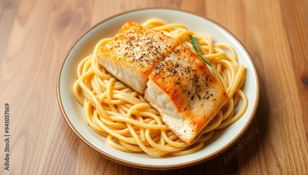 Delicious Plate of Pasta Topped with Seasoned Salmon: A Gourmet Culinary Delight Delicious Plate of Pasta Topped with Seasoned Salmon: A Gourmet Culinary Delight