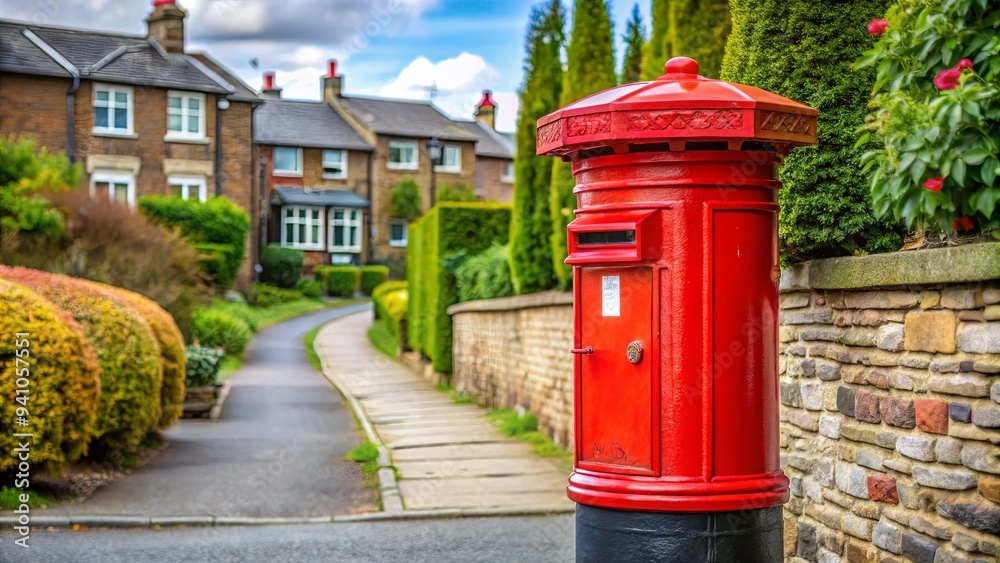 Traditional British red mailbox for collecting mail in a residential neighborhood setting Traditional British red mailbox for collecting mail in a residential neighborhood setting