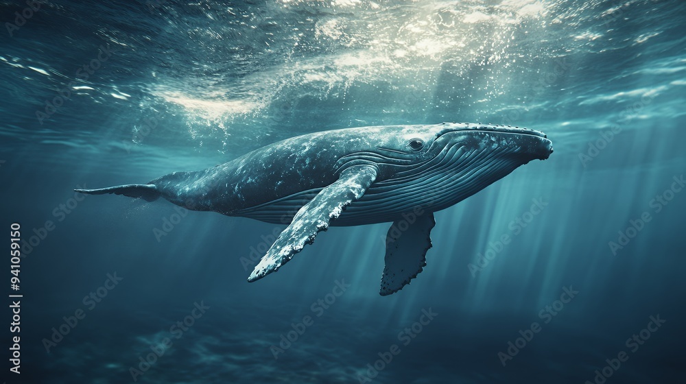 Fototapeta premium A majestic whale swimming gracefully in deep ocean waters.