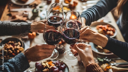 A group of friends toasting with wine glasses at the dining table, surrounded by food and decorations during the autumn season