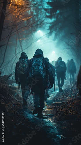 Zombies Marching Through Fog in a Dark Forest