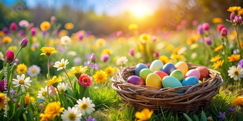 Easter eggs basket nestling in a vibrant flower field