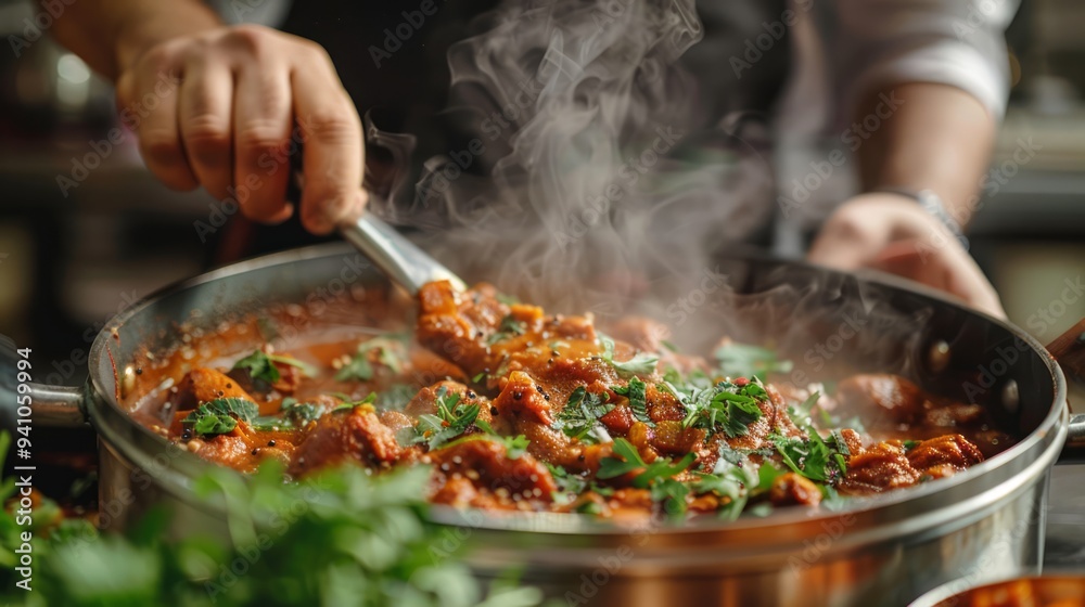 Chef adding spices to a simmering pot of Indian butter chicken, rich sauce, and aromatic herbs Chef adding spices to a simmering pot of Indian butter chicken, rich sauce, and aromatic herbs