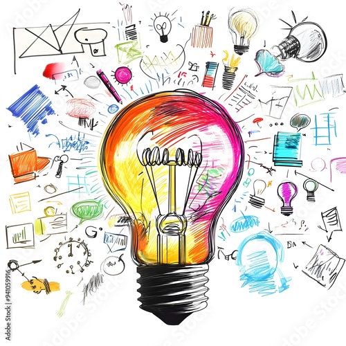 A light bulb surrounded by doodles of business icons, symbolizing ideas and innovation in marketing Glowing lights, bright colors, and a white background