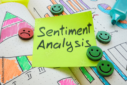 Graphs, smiley faces, and the note sentiment analysis. Emotional insights concept.