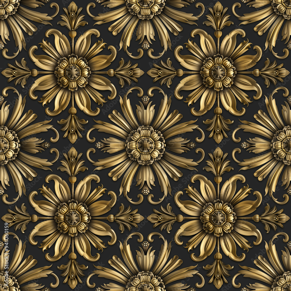 3d rendering abstract texture black and gold floral pattern background. AI generation. 3d rendering abstract texture black and gold floral pattern background. AI generation.
