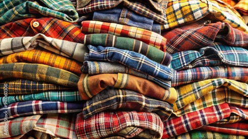 Colorful vintage flannel shirts piled together in a checkered heap