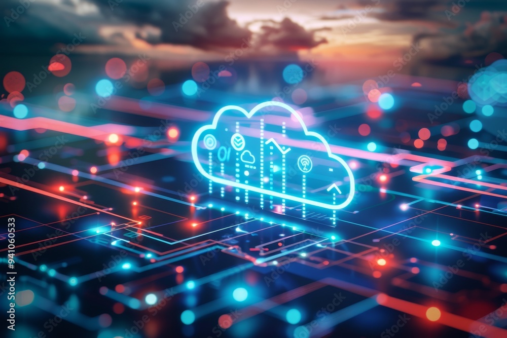Glowing Cloud Icon Above Futuristic Circuit Board, Digital Transformation, Big Data Concept Glowing Cloud Icon Above Futuristic Circuit Board, Digital Transformation, Big Data Concept