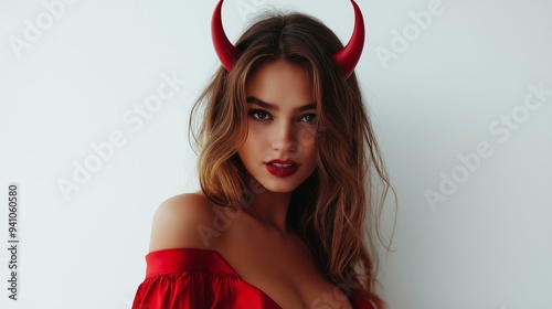 Portrait Of A Beautiful Woman Dressed As A Sexy Devil In Red With Devil Horns