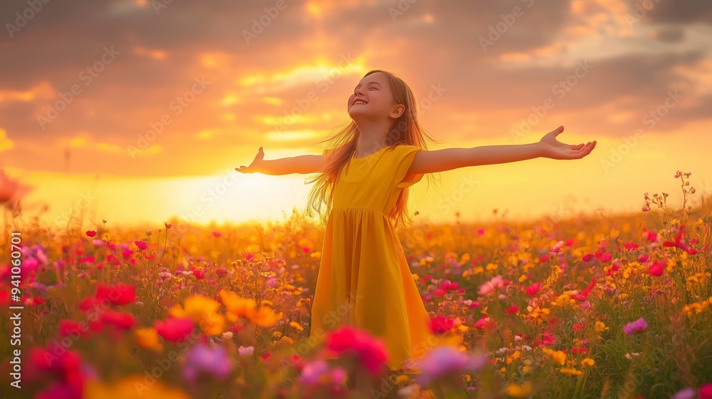 A joyful girl in a yellow dress stands in a wildflower field at sunset, radiating happiness.