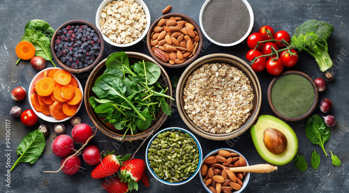 Wallpaper Mural  Healthy food selection with fruits, vegetables, seeds, superfood, cereals Torontodigital.ca