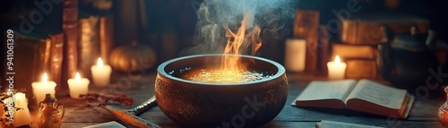 Enchanting cauldron bubbling over with mystical smoke, surrounded by candles and ancient books, evoking a sense of magic and mystery. photo