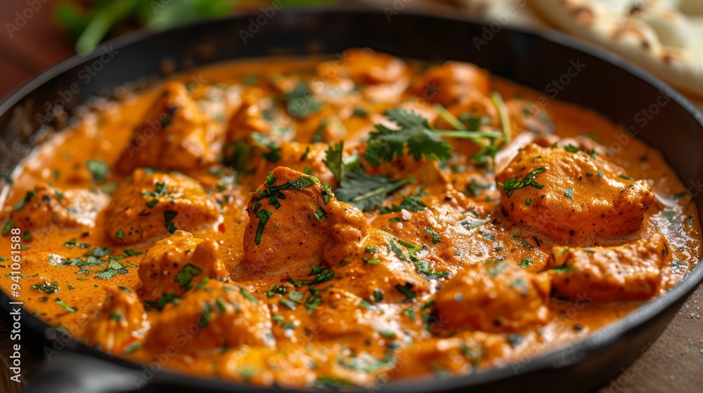 Close-up of Indian butter chicken being garnished with fresh cilantro and served with naan bread Close-up of Indian butter chicken being garnished with fresh cilantro and served with naan bread
